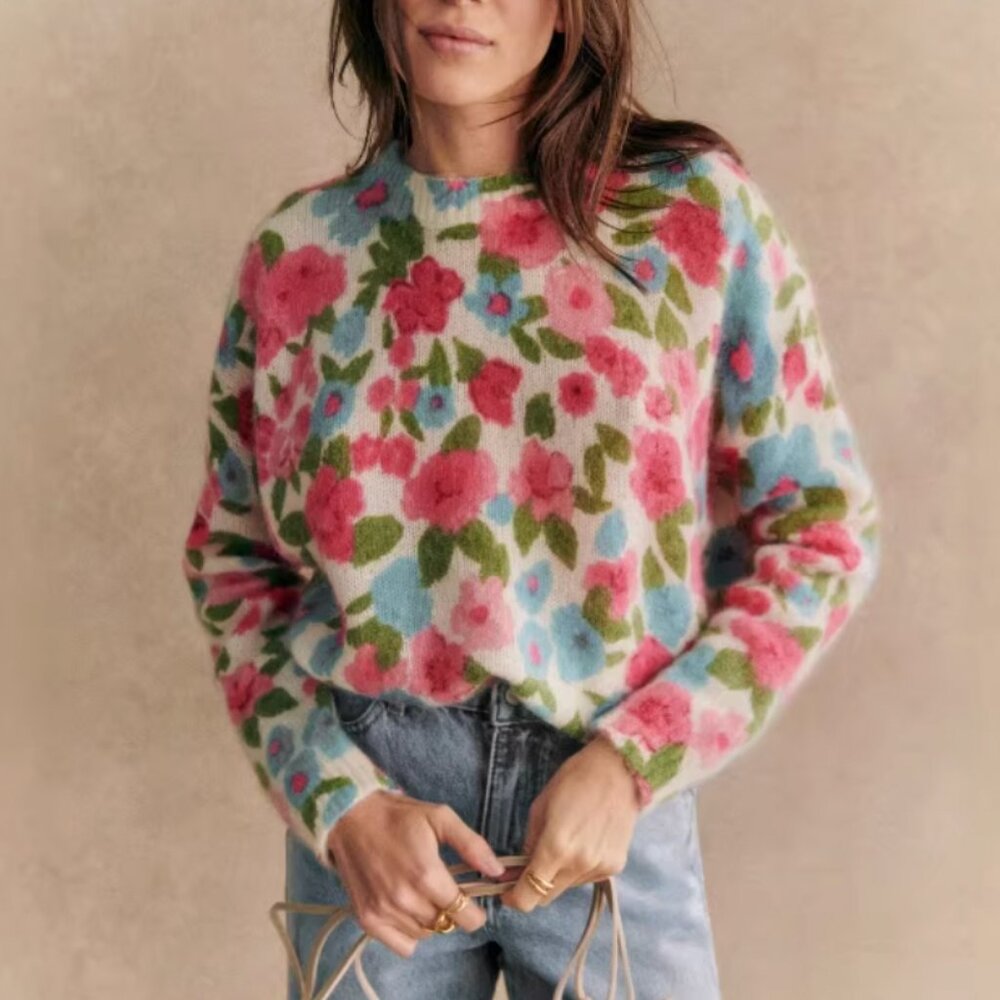 Sezane Janelia Jumper Sweater - Pink Flowers/ Turquoise Kid Mohair Knit French - Picture 2 of 11